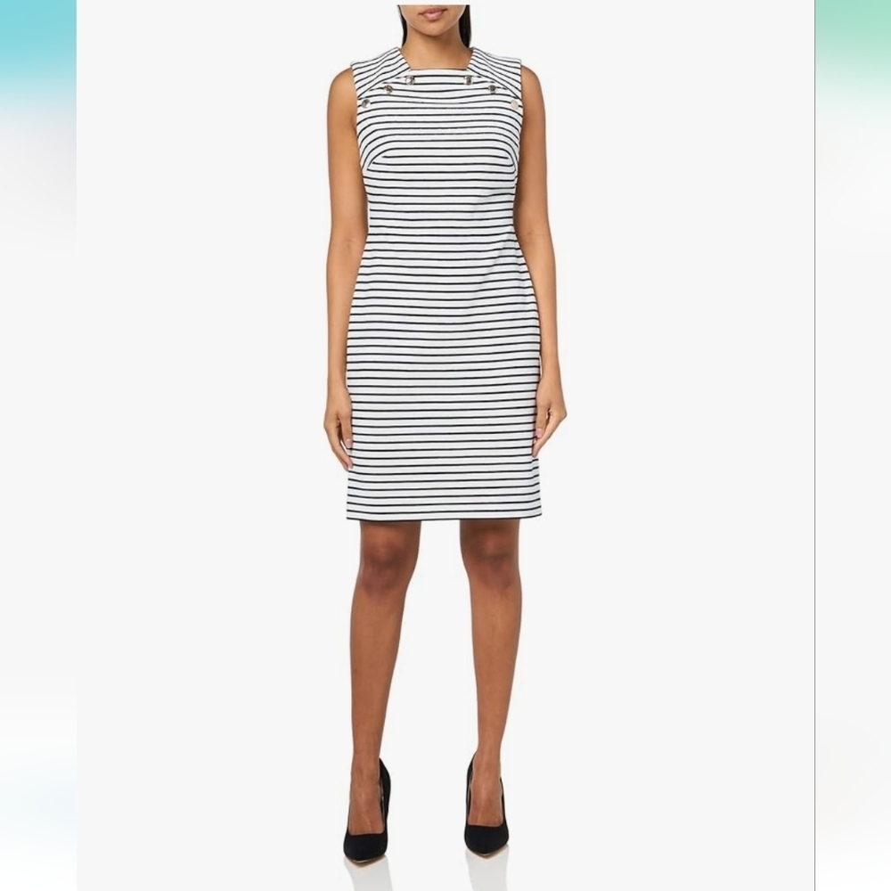 TOMMY HILFIGER Sleeveless Striped Nautical Sheath Dress Navy And White Size 8